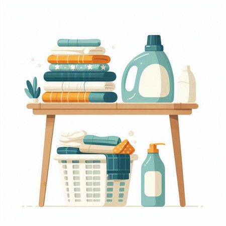 Laundry room. Laundry basket with towels, detergent and soap. Flat vector illustration.のイラスト素材