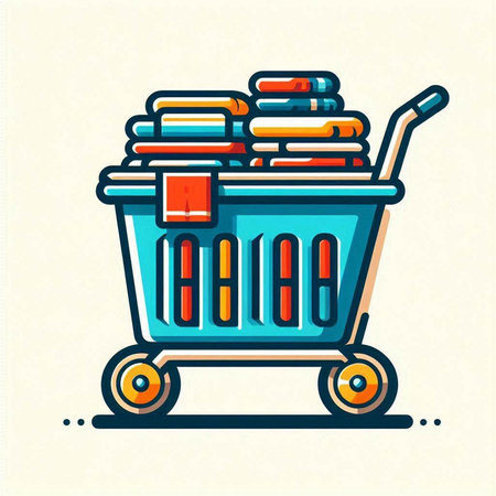 Shopping cart with stack of books. Vector illustration in flat linear style.のイラスト素材