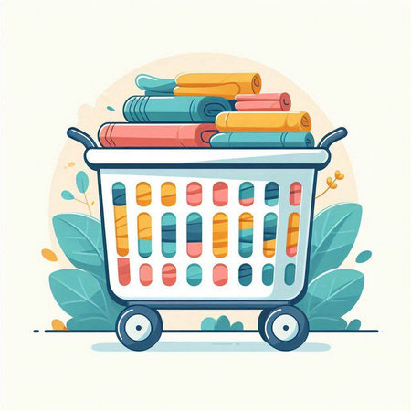 Cartoon vector illustration of shopping basket full of colorful clothes. Flat design.のイラスト素材