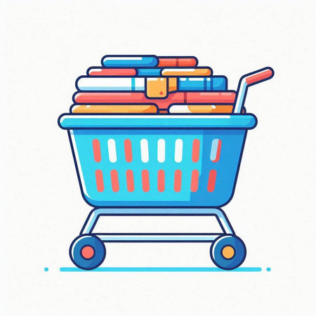 Shopping cart full of clothes. Vector illustration in flat style.のイラスト素材