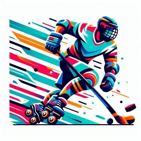 Hockey player with a stick and puck. Colorful vector illustration.のイラスト素材