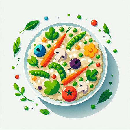 Vector illustration of oatmeal porridge with vegetables and mushrooms in flat styleのイラスト素材