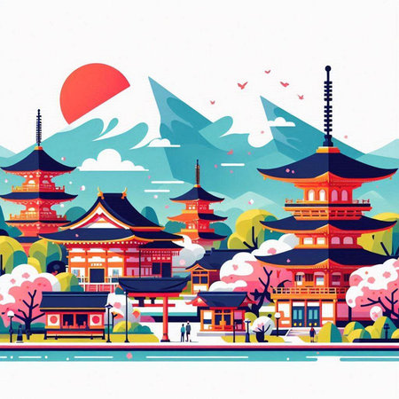 Korean Traditional Landscape. Vector Illustration in Flat Style.のイラスト素材