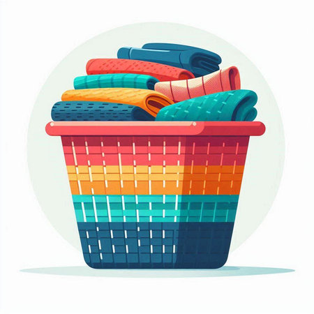 Laundry basket with colorful towels. Vector illustration in cartoon styleのイラスト素材