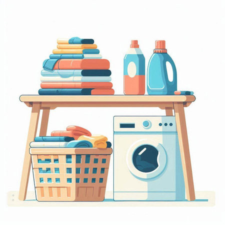 Laundry room interior. Washing machine, washing powder, towels and detergents. Flat vector illustration.のイラスト素材