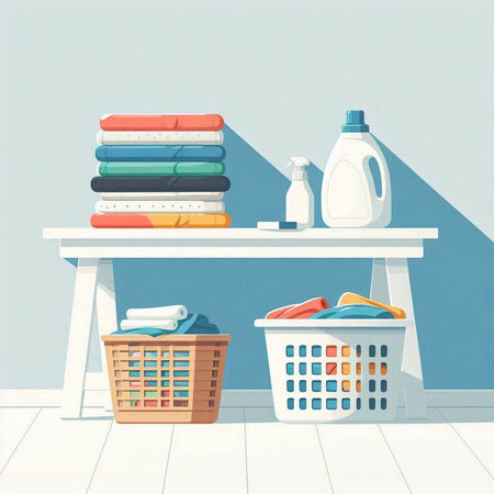 Laundry room with basket full of clothes. Vector illustration.のイラスト素材