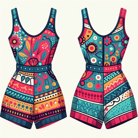 Women's summer dress with colorful pattern. Vector illustration in retro style.のイラスト素材