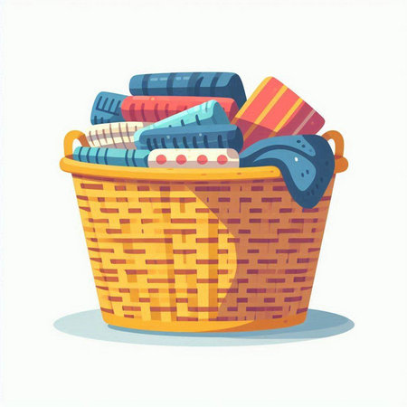 Wicker basket full of clothes. Vector illustration in cartoon style.のイラスト素材