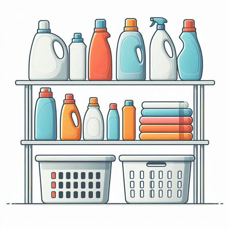 Detergents and bottles on the shelf. Vector illustration.のイラスト素材