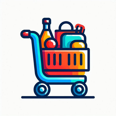 Shopping cart filled with food. Vector illustration in a flat style.のイラスト素材