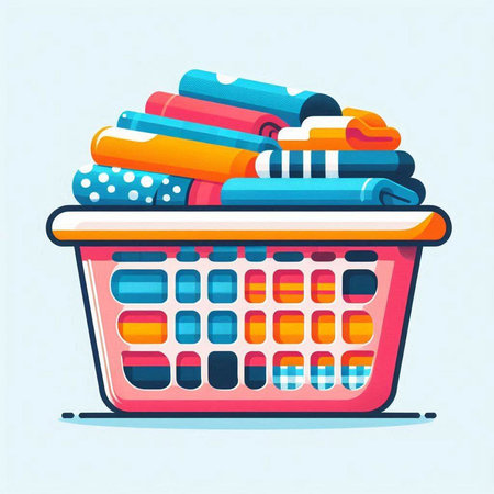 Colorful shopping basket full of clothes. Vector illustration in flat styleのイラスト素材