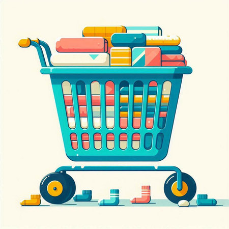 Shopping cart full of books. Vector illustration in cartoon style.のイラスト素材