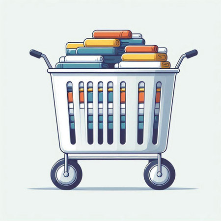 Shopping cart full of books. Vector illustration in cartoon style.のイラスト素材
