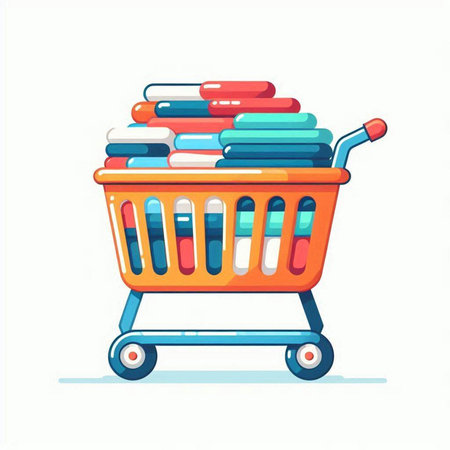 Shopping cart with pile of clothes. Vector illustration in cartoon styleのイラスト素材