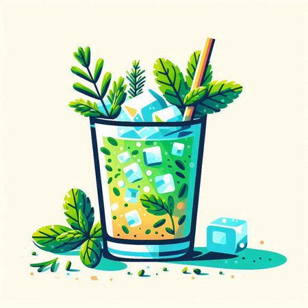 Cocktail with ice cubes, mint leaves and straw. Vector illustration.のイラスト素材