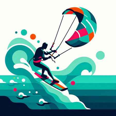 Kitesurfing in the sea. Water sport. Vector illustrationのイラスト素材