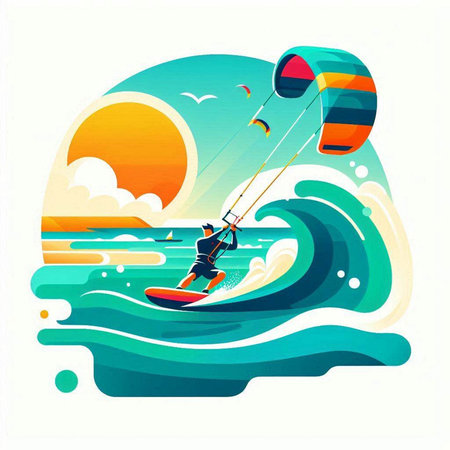 Kitesurfer on the waves. Vector illustration in retro style.のイラスト素材