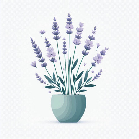 Lavender flowers in vase isolated on transparent background. Vector illustration.のイラスト素材