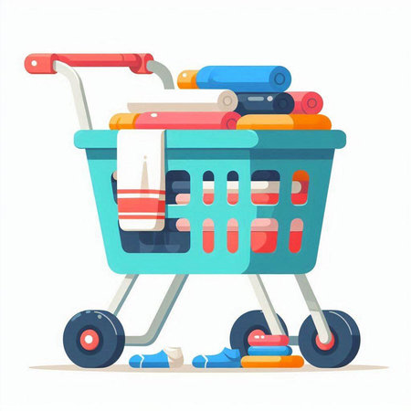 Shopping cart full of clothes. Vector illustration in cartoon style.のイラスト素材