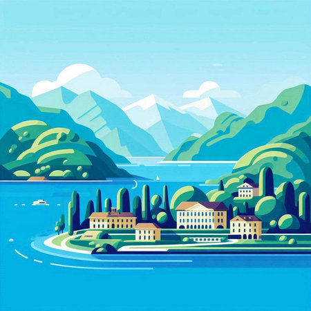 Landscape with lake, mountains and villas. Vector illustration.のイラスト素材