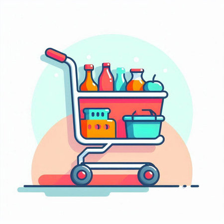 Shopping cart filled with food and beverages. Vector illustration in flat styleのイラスト素材
