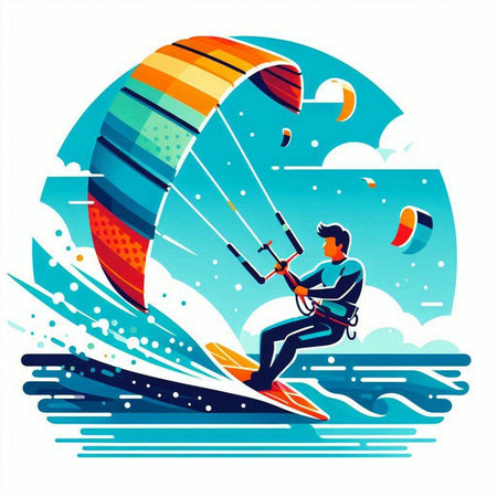 Kitesurfing. Man riding a kite. Vector illustrationのイラスト素材