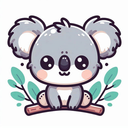 Cute koala sitting on a branch with leaves. Vector illustration.のイラスト素材