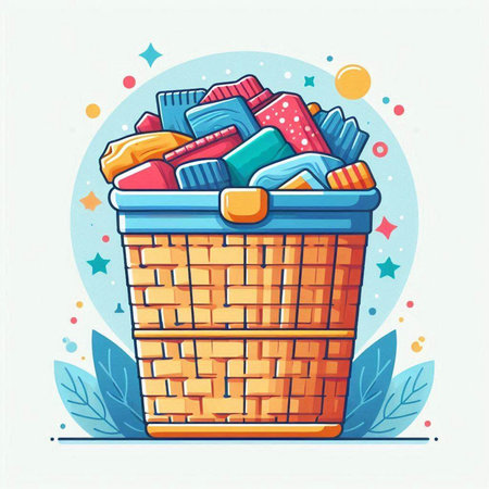 Wicker basket full of clothes. Vector illustration in flat style.のイラスト素材