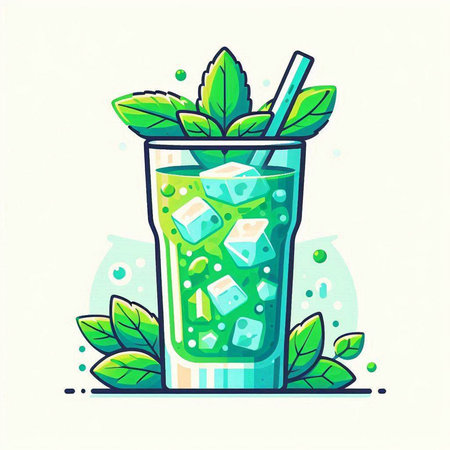 Mojito cocktail with ice and mint leaves. Vector illustration.のイラスト素材