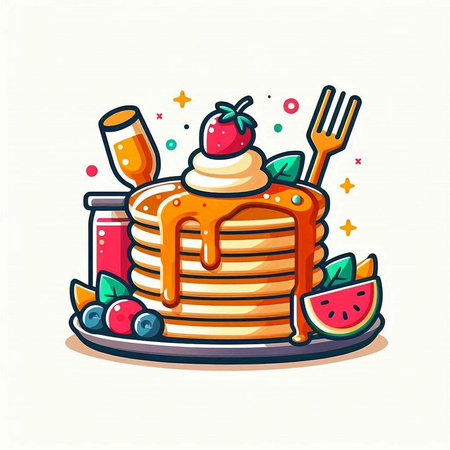 Pancakes with ice cream and berries on a plate. Vector illustration.のイラスト素材