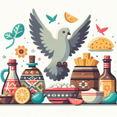 Pigeon in mexican kitchen. Vector illustration in flat styleのイラスト素材