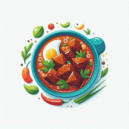 Illustration of a bowl of spicy beef stew with egg and vegetablesのイラスト素材