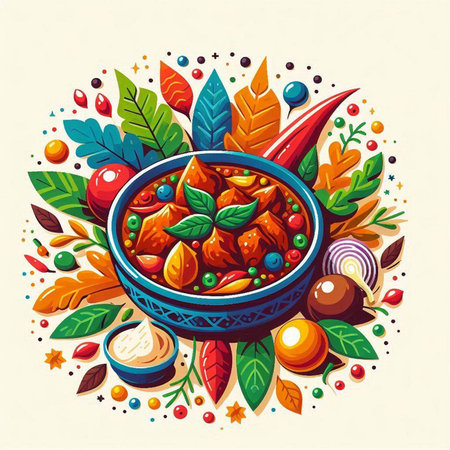 Vector illustration of a bowl of spicy borscht with herbs and spices.のイラスト素材