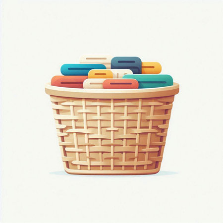Wicker basket full of clothes. Vector illustration in cartoon style.のイラスト素材