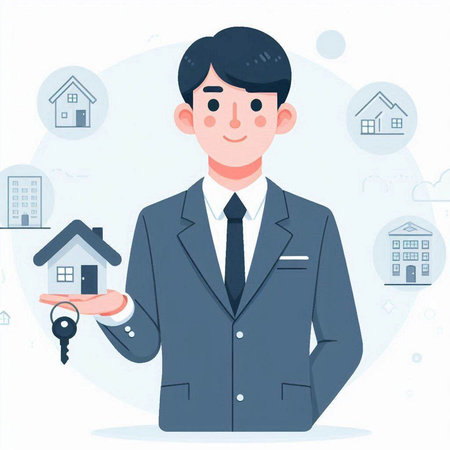 Real estate agent. Young man with keys in hand. Vector illustration.のイラスト素材