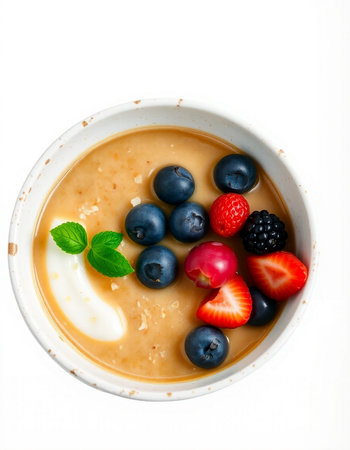 bowl of oatmeal with fresh berries and cream isolated on white background