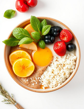 Oatmeal porridge with berries and fruits in bowl, top viewの写真素材