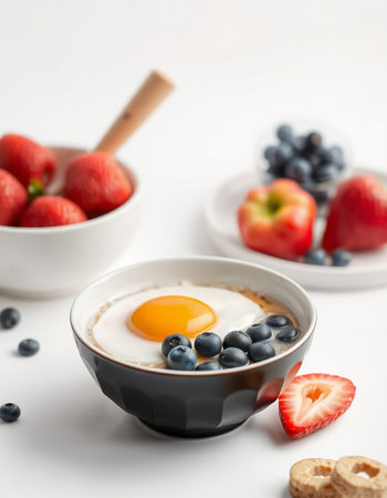 Breakfast with fried egg in a bowl and fresh berries on white background