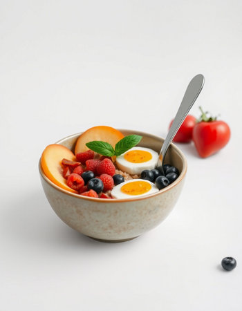 Healthy breakfast bowl with oatmeal, berries and fruits on white background