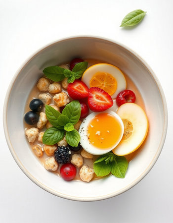 Healthy breakfast bowl with oatmeal, eggs, berries and fruitsの写真素材