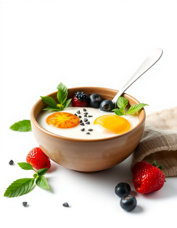 Yogurt with fresh berries and egg in a bowl isolated on white background