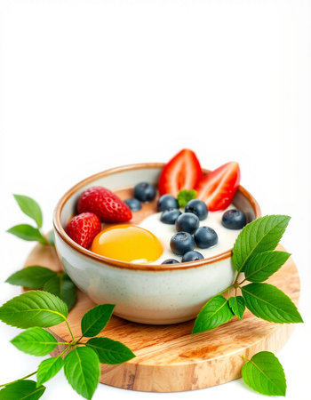 Healthy breakfast with yogurt, berries and egg yolk on white background