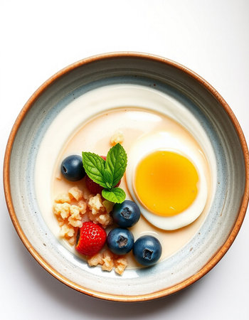 Yogurt with fresh berries and egg yolk in ceramic bowl