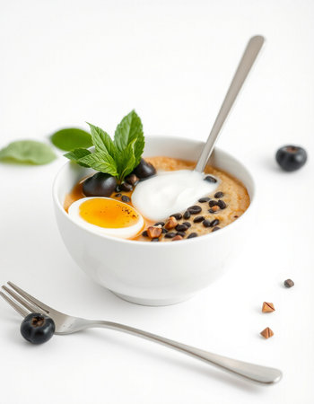 Oatmeal porridge with quail eggs, black currant and mintの写真素材