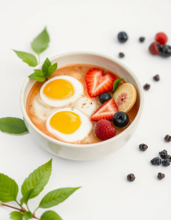 Creamy oatmeal porridge with fresh berries and eggs on white background