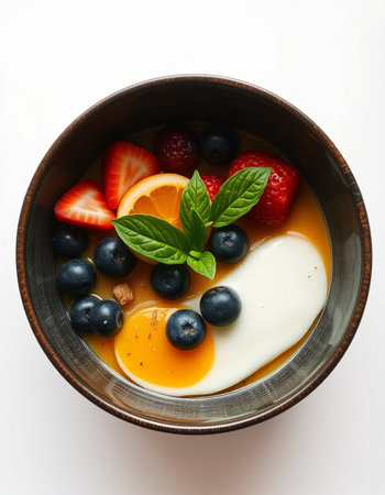 Greek yogurt with fresh berries in bowl on white background, top viewの写真素材