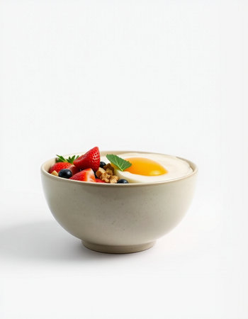 Muesli with yogurt and strawberries in a bowl on a white background