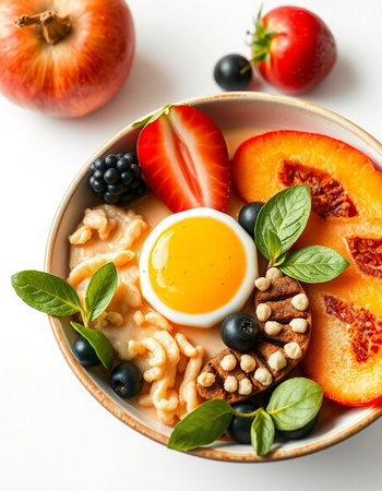 Bowl of oatmeal with fruits, nuts and honey on white background