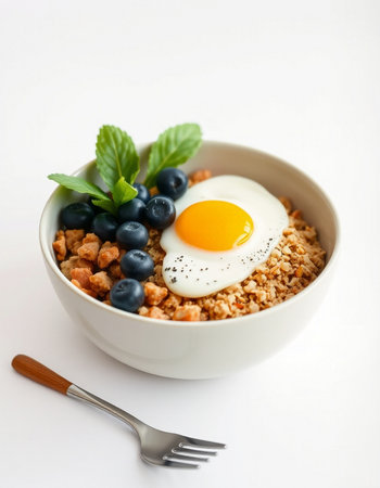 Bowl of oatmeal with blueberries and fried egg on white background