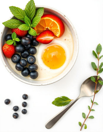 Yogurt with fresh berries and egg yolk on white background